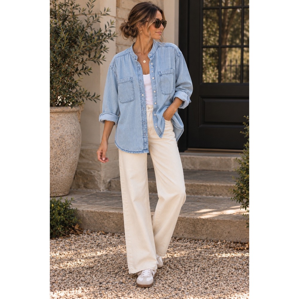 Aerie Light Wash Denim Chambray Shirt Oversized Utility Pockets S